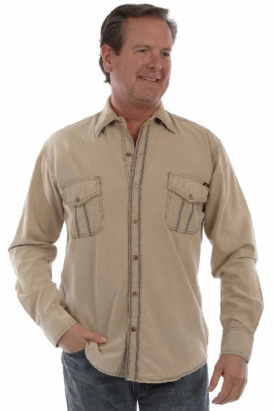 Men's Linen Blend Casual Shirts with Roll - Up Sleeves for a Summer Beach LookScully Mens Western Contrast Stitching Stone 100% Cotton L/S Shirt