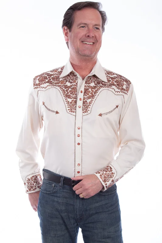 Men's Distressed Denim Casual Shirts with Frayed Edges for a Trendy and Rugged LookScully Western Mens Natural Polyester L/S Big Tooled Floral Western Shirt 4X
