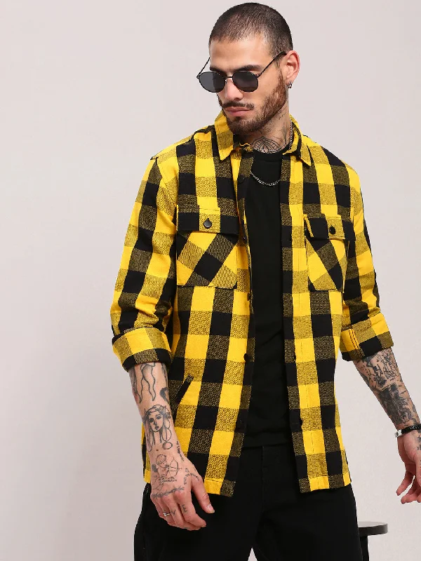 Men's Tailored Fit Checkered Casual Shirts in Multicolor for a Smart - Casual EnsembleMen Yellow Checked Shacket