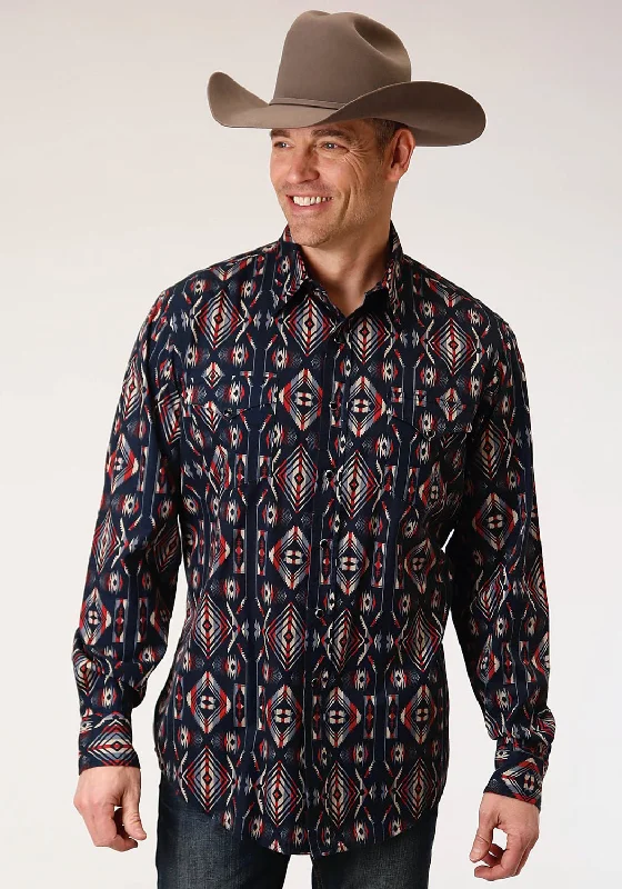 Plus Size Men's Striped Chambray Casual Shirts with a Spread Collar for a Preppy AppearanceRoper Mens Black 100% Cotton Blanket Stripe L/S Shirt M