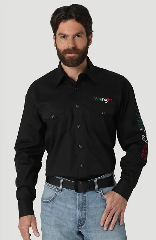 Men's Two - Tone Contrast Panel Casual Shirts in White and Navy for a Stylish and Eye - Catching DesignMen's Wrangler Logo Snap Front Shirt #112317124X