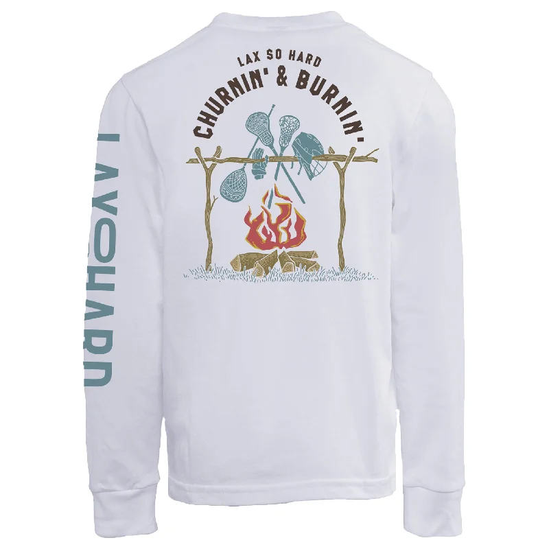 Men's Two - Tone Contrast Panel Casual Shirts in White and Navy for a Stylish and Eye - Catching DesignBoys Churnin & Burnin Lacrosse Long Sleeve T-Shirt - White