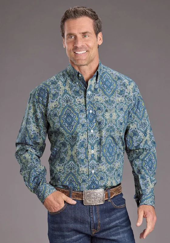Plus Size Men's Striped Chambray Casual Shirts with a Spread Collar for a Preppy AppearanceStetson Mens 2389 Marble Paisley Blue 100% Cotton 1 Pkt L/S Shirt