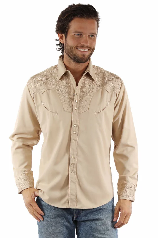 Men's Long - Line Oversized Casual Shirts in Dark Gray for a Relaxed and Modern LookScully Mens Floral Tooled Embroidery Sand Poly/Rayon L/S Shirt L