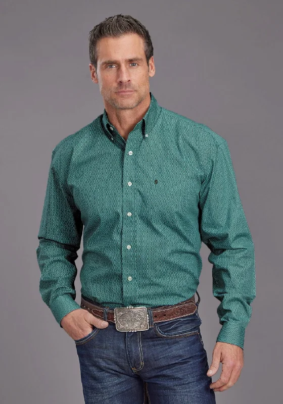 Men's Slim - Fit Printed Floral Casual Shirts in Pastel Colors for a Spring - Inspired VibeStetson Mens 2142 Teal Geo Green 100% Cotton 1 Pkt L/S Shirt
