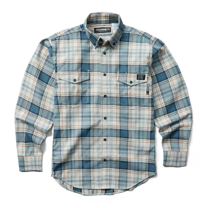 Men's Retro - Style Hawaiian Print Casual Shirts in Bold Patterns for a Tropical VacationWolverine Mens FR Plaid Twill Navy/Red/White Cotton Blend L/S Shirt
