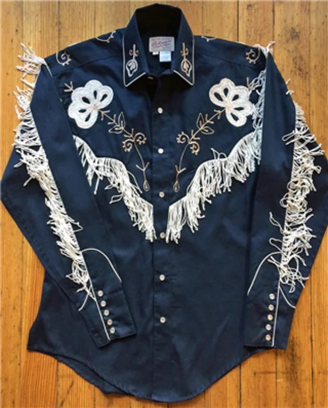 Men's Two - Tone Contrast Panel Casual Shirts in White and Navy for a Stylish and Eye - Catching DesignRockmount Mens Navy 100% Cotton Vintage Fringe Western L/S Shirt Men's Two - Tone Contrast Panel Casual Shirts in White and Navy for a Stylish and Eye - Catching DesignRockmount Mens Navy 100% Cotton Vintage Fringe Western L/S Shirt