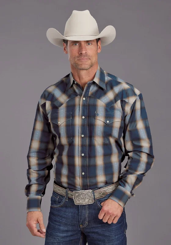 Men's Embroidered Detail Casual Shirts in Beige for a Touch of EleganceStetson Mens Vintage Blue Dobby Blue 100% Cotton L/S Shirt