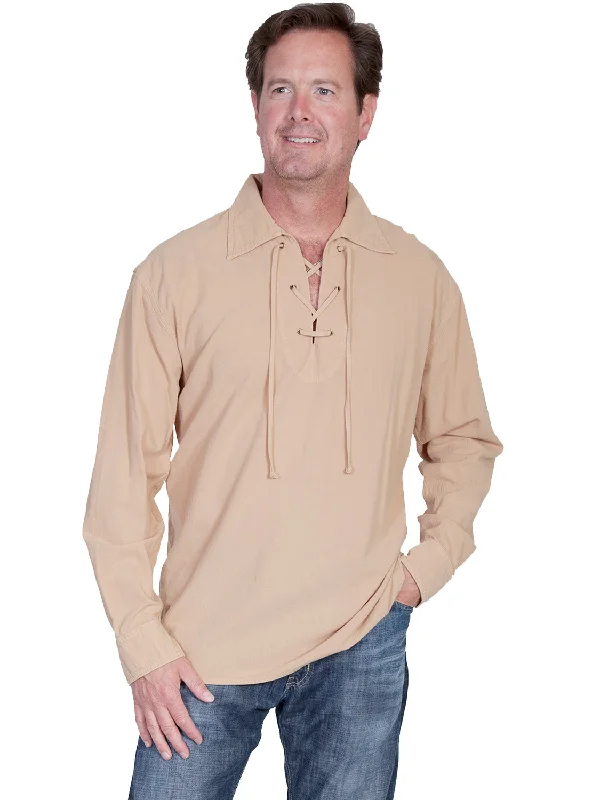 Plus Size Men's Striped Chambray Casual Shirts with a Spread Collar for a Preppy AppearanceScully Cantina Mens Sand 100% Cotton Laceup Pullover Shirt