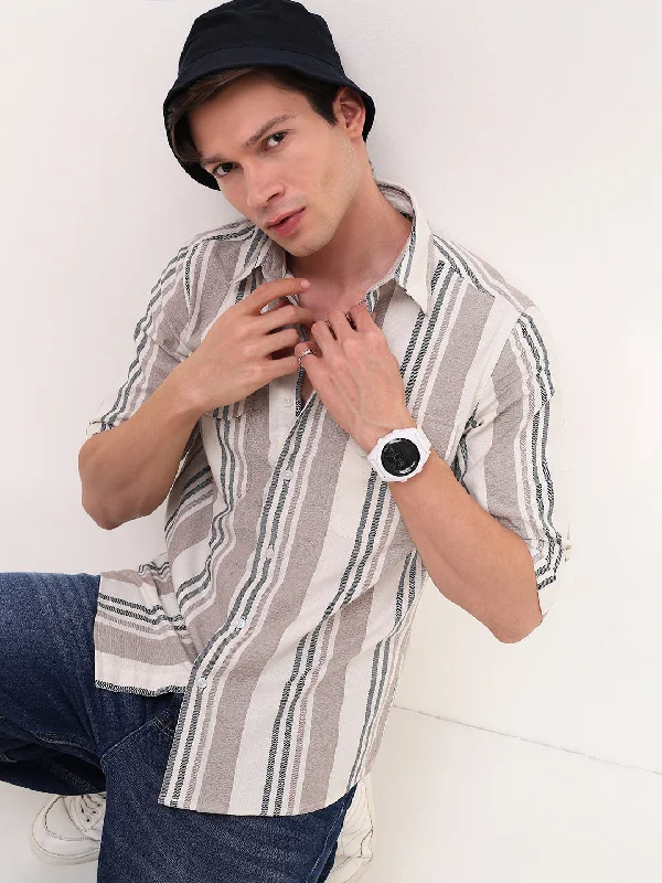 Plus Size Men's Plaid Flannel Casual Shirts in Earth Tones for a Cozy Fall OutfitMen Beige Striped Slim Fit Shirt Plus Size Men's Plaid Flannel Casual Shirts in Earth Tones for a Cozy Fall OutfitMen Beige Striped Slim Fit Shirt