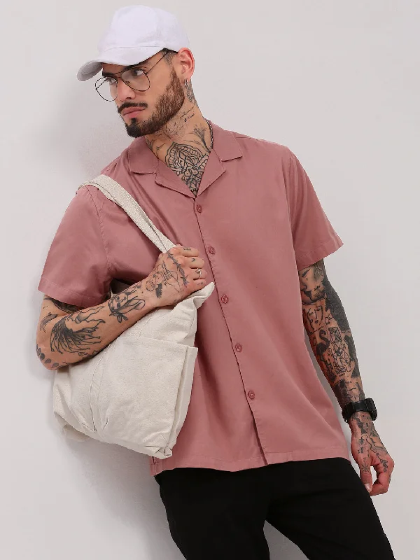 Men's Short - Sleeve Linen Casual Shirts in Light Khaki for a Breathable Summer OptionMen Pink Solid Cuban Collar Shirt