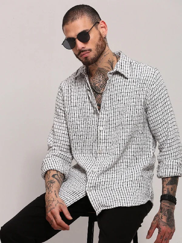 Plus Size Men's Striped Chambray Casual Shirts with a Spread Collar for a Preppy AppearanceMen White Checked Shacket