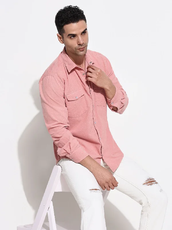Men's Linen Blend Casual Shirts with Roll - Up Sleeves for a Summer Beach LookMen Pink Solid Slim Fit Shirt