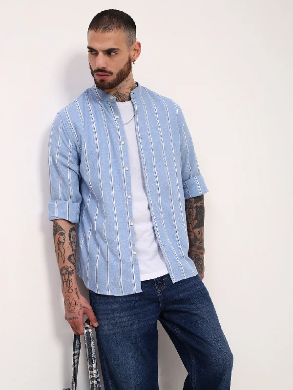 Men's Button - Down Oxford Casual Shirts in Crisp White for a Classic and Versatile StyleMen Blue Striped Slim Fit Shirt