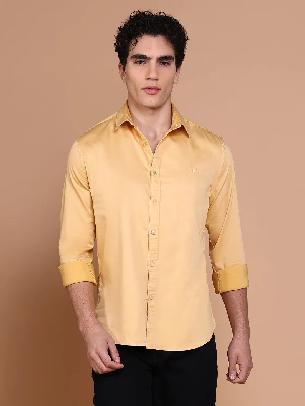 Men's Embroidered Detail Casual Shirts in Beige for a Touch of EleganceMen Mustard Solid Shirt