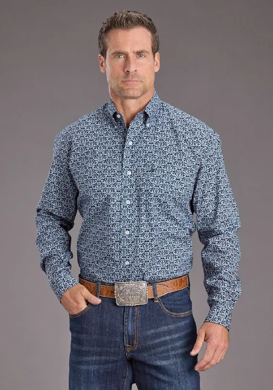 Men's Graphic - Printed Casual Shirts with Pop - Culture References for a Fun and Stylish LookStetson Mens 2390 Medallion Navy 100% Cotton 1 Pkt L/S Shirt