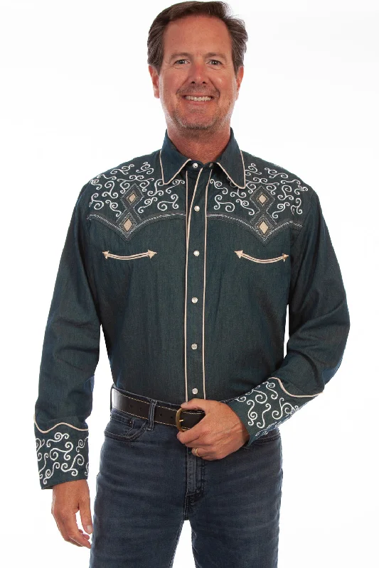 Men's Distressed Denim Casual Shirts with Frayed Edges for a Trendy and Rugged LookScully Mens Denim 100% Cotton Curly Diamond L/S Shirt XL