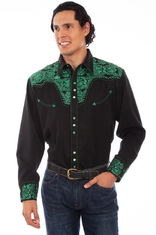 Men's Moisture - Wicking Performance Fabric Casual Shirts for Outdoor ActivitiesScully Mens Emerald Poly/Rayon Floral Tooled L/S Shirt XS