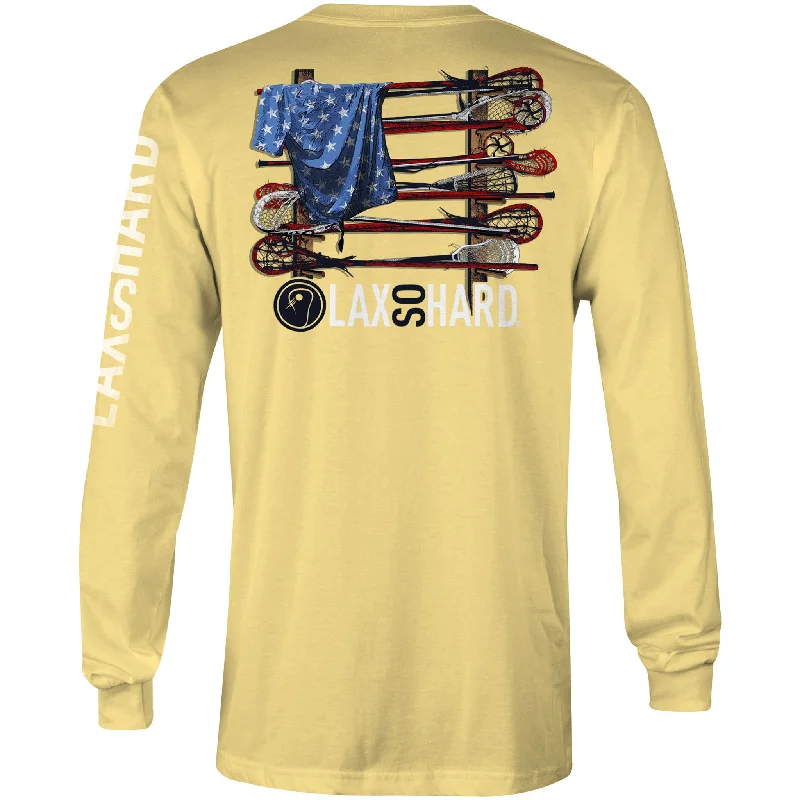 Men's Long - Line Oversized Casual Shirts in Dark Gray for a Relaxed and Modern LookBoys Lacrosse Stick American Flag Long Sleeve T-Shirt