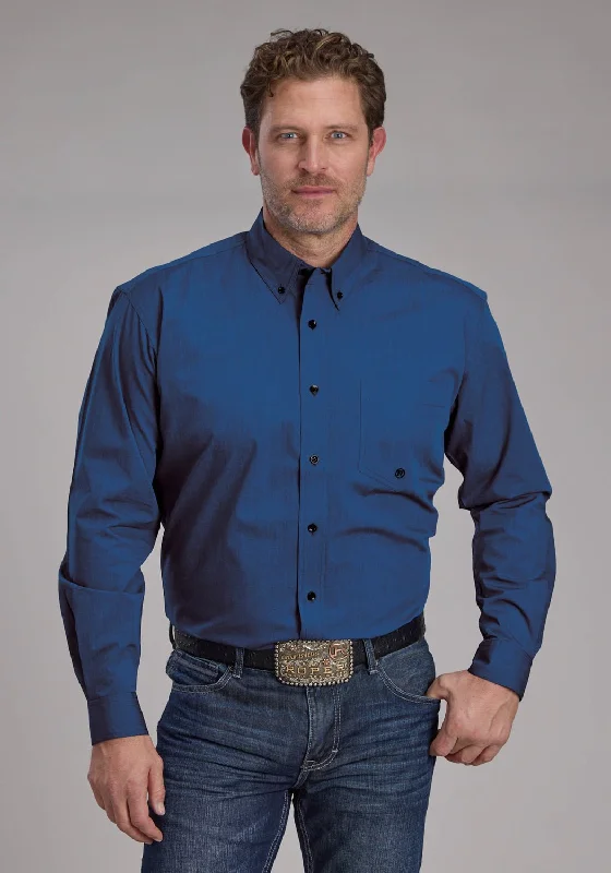 Men's Moisture - Wicking Performance Fabric Casual Shirts for Outdoor ActivitiesRoper Mens 2249 Black Fill Blue 100% Cotton 1 Pkt L/S Shirt