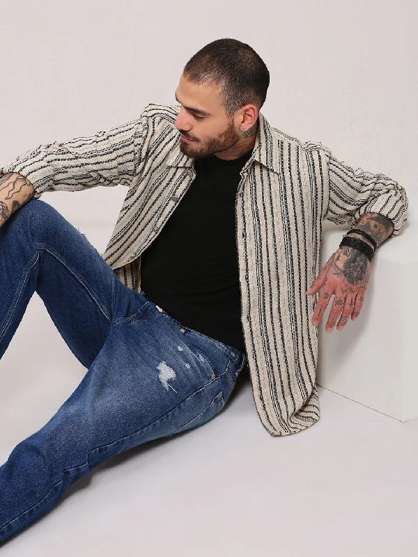Men's Slim - Fit Printed Floral Casual Shirts in Pastel Colors for a Spring - Inspired VibeMen Cream Striped Shacket