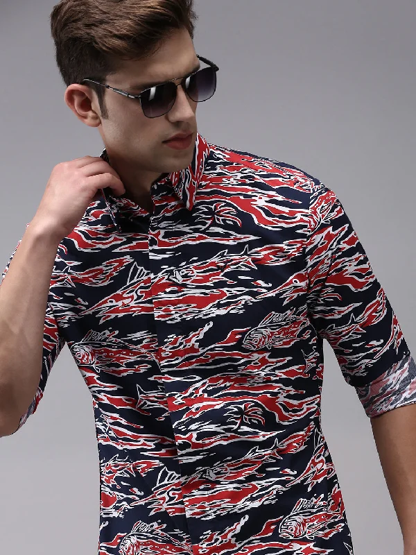 Men's Retro - Style Hawaiian Print Casual Shirts in Bold Patterns for a Tropical VacationMen Abstract Navy Blue Slim Fit Shirt Men's Retro - Style Hawaiian Print Casual Shirts in Bold Patterns for a Tropical VacationMen Abstract Navy Blue Slim Fit Shirt
