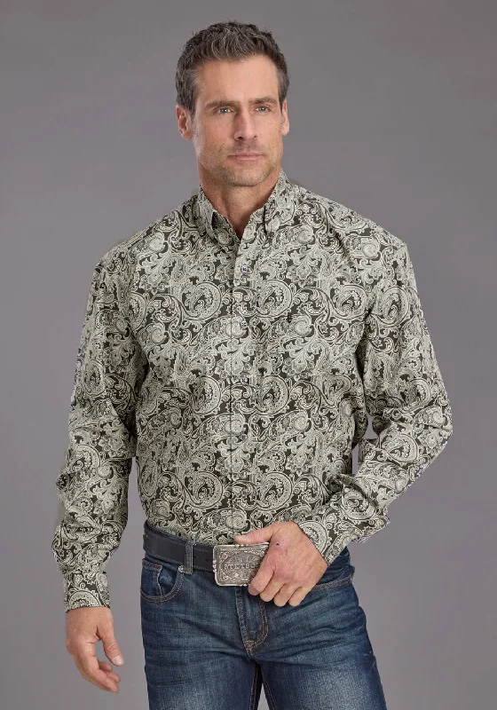Men's Short - Sleeve Linen Casual Shirts in Light Khaki for a Breathable Summer OptionStetson Mens 2235 Silver Paisley Grey 100% Cotton 1 Pkt L/S Shirt