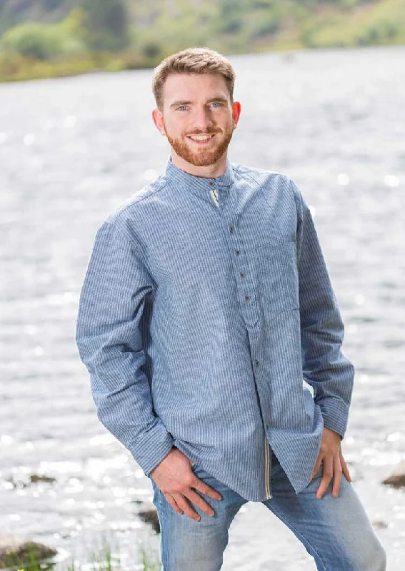 Men's Long - Line Oversized Casual Shirts in Dark Gray for a Relaxed and Modern LookVintage Cotton Grandfather Shirt | Pin Stripe Blue