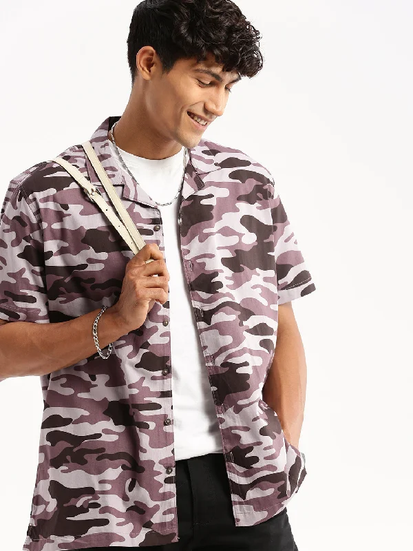 Men's Long - Line Oversized Casual Shirts in Dark Gray for a Relaxed and Modern LookMen Lavender Cuban Collar Camouflage Shirt