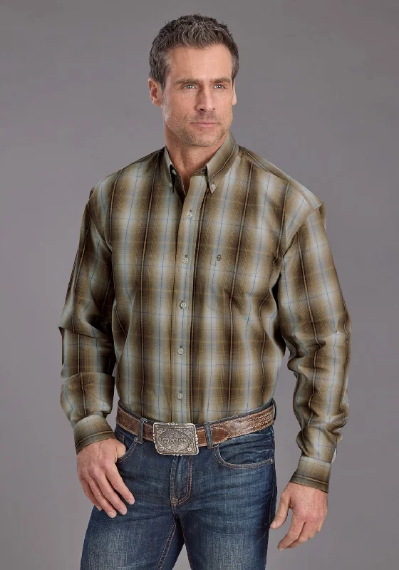 Plus Size Men's Striped Chambray Casual Shirts with a Spread Collar for a Preppy AppearanceStetson Mens Sand Dobby Plaid Brown 100% Cotton 1 Pkt L/S Shirt