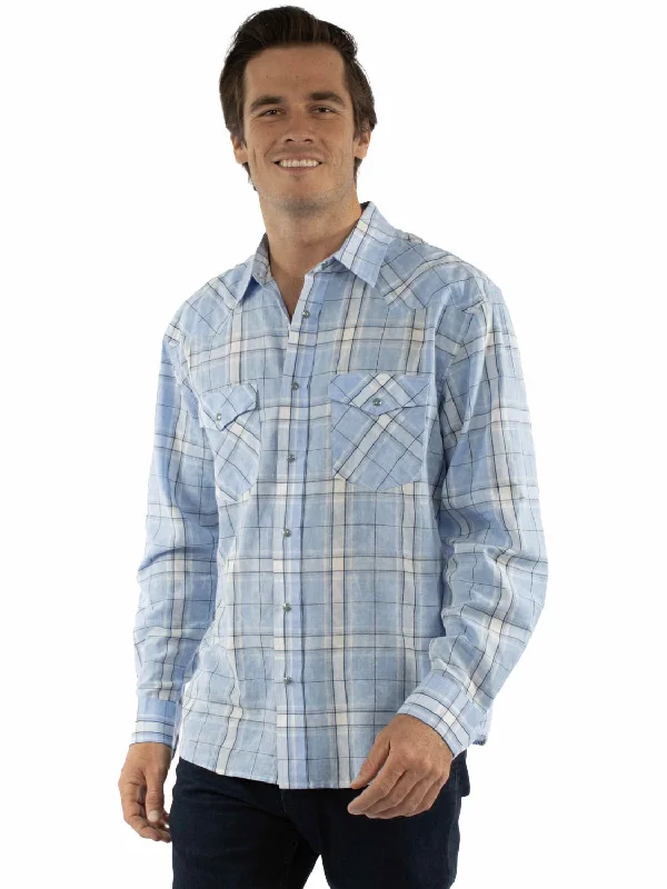 Men's Linen Blend Casual Shirts with Roll - Up Sleeves for a Summer Beach LookScully Mens Worn Washed Plaid Blue 100% Cotton L/S Shirt