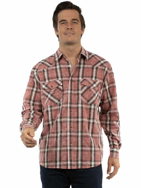 Men's Two - Tone Contrast Panel Casual Shirts in White and Navy for a Stylish and Eye - Catching DesignScully Mens Worn Washed Plaid Red 100% Cotton L/S Shirt
