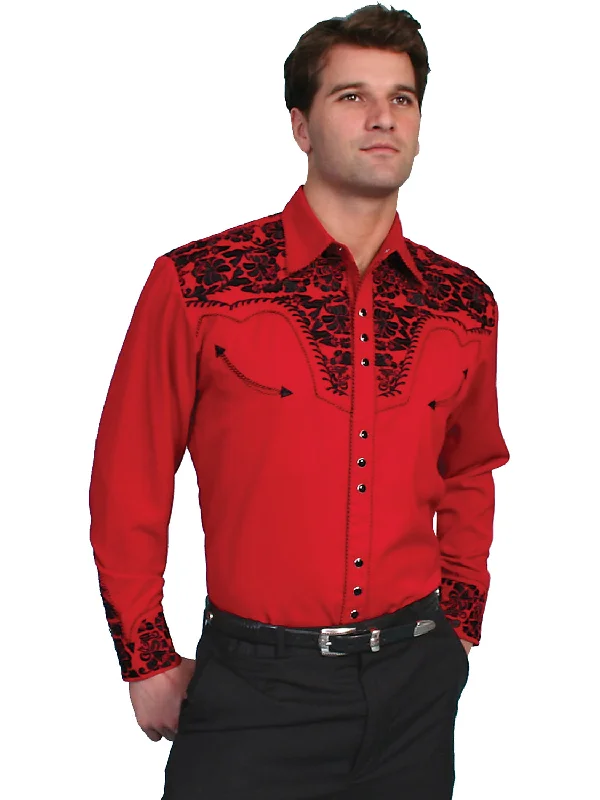 Men's Long - Line Oversized Casual Shirts in Dark Gray for a Relaxed and Modern LookScully Western Mens Red Polyester L/S Big Tooled Floral Western Shirt 3X