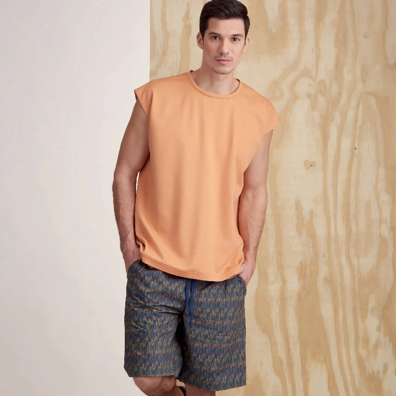 Men's drawstring casual linen shorts for a laid - back summer lookSimplicity Men's Top and Shorts S9314