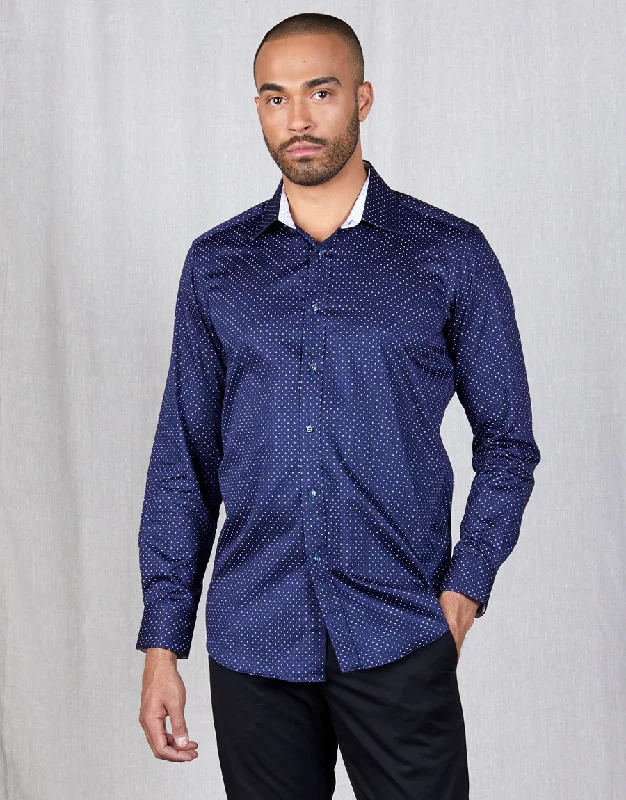 Men's Linen Blend Casual Shirts with Roll - Up Sleeves for a Summer Beach LookBarbican Navy & White Dot Shirt Men's Linen Blend Casual Shirts with Roll - Up Sleeves for a Summer Beach LookBarbican Navy & White Dot Shirt