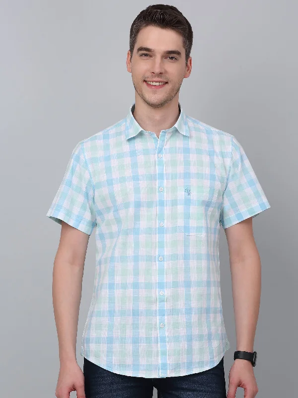 Plus Size Men's Striped Chambray Casual Shirts with a Spread Collar for a Preppy AppearanceMen's Light Green Casual Medium Checks Half sleeve Shirt Plus Size Men's Striped Chambray Casual Shirts with a Spread Collar for a Preppy AppearanceMen's Light Green Casual Medium Checks Half sleeve Shirt