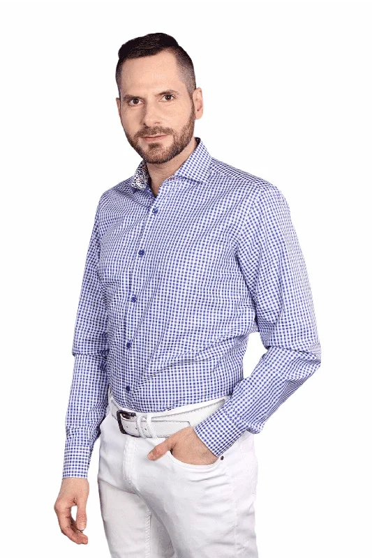 Men's Embroidered Detail Casual Shirts in Beige for a Touch of EleganceLong Sleeve Gingham Shirt - Manhattan Blue Men's Embroidered Detail Casual Shirts in Beige for a Touch of EleganceLong Sleeve Gingham Shirt - Manhattan Blue