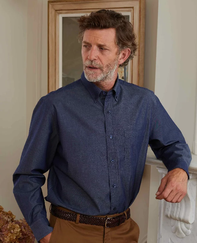 Men's Two - Tone Contrast Panel Casual Shirts in White and Navy for a Stylish and Eye - Catching DesignDenim Blue Twill Classic Fit Button-Down Shirt Men's Two - Tone Contrast Panel Casual Shirts in White and Navy for a Stylish and Eye - Catching DesignDenim Blue Twill Classic Fit Button-Down Shirt
