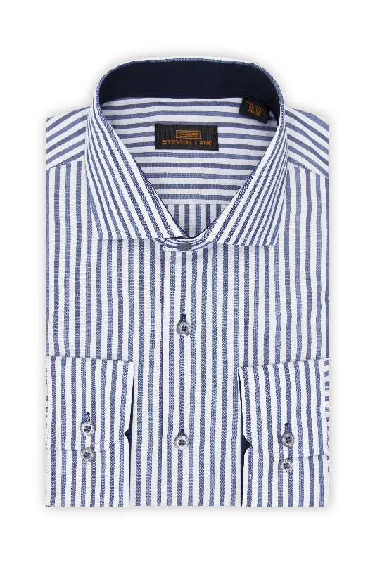 Plus Size Men's Wrinkle - Resistant Polyester Dress Shirts in Black for Easy Travel and MaintenanceSteven Land Dress Shirt | Glasgow | Spread Collar | 100% Cotton | Blue