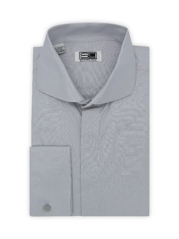 Men's Easy - Care Dress Shirts in Light Grey with a Self - Stripe Pattern for a Refined LookPoplin Dress Shirt Hidden Placket 100% Cotton | Cutaway collar | French Cuff | Color Silver