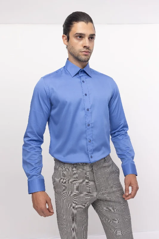 Men's Long - Tail Dress Shirts in Olive Green for Tucking into Trousers NeatlyPure Cotton Classic Collar Sateen Dress Shirt - Blue