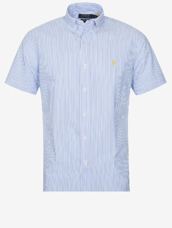 Men's Tailored Fit Checkered Casual Shirts in Multicolor for a Smart - Casual EnsembleSeeksucker Shirt Sleeve Stripe Shirt Blue