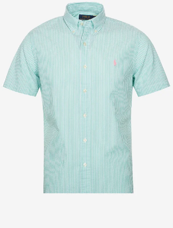 Men's Embroidered Detail Casual Shirts in Beige for a Touch of EleganceSeeksucker Shirt Sleeve Stripe Shirt Green Men's Embroidered Detail Casual Shirts in Beige for a Touch of EleganceSeeksucker Shirt Sleeve Stripe Shirt Green