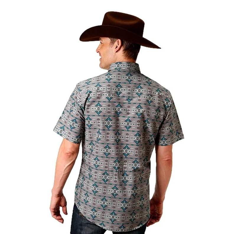 Plus Size Men's Striped Chambray Casual Shirts with a Spread Collar for a Preppy AppearanceRoper Western Shirt Mens Short Sleeve Aztec Gray 03-002-0067-0304 GY Plus Size Men's Striped Chambray Casual Shirts with a Spread Collar for a Preppy AppearanceRoper Western Shirt Mens Short Sleeve Aztec Gray 03-002-0067-0304 GY