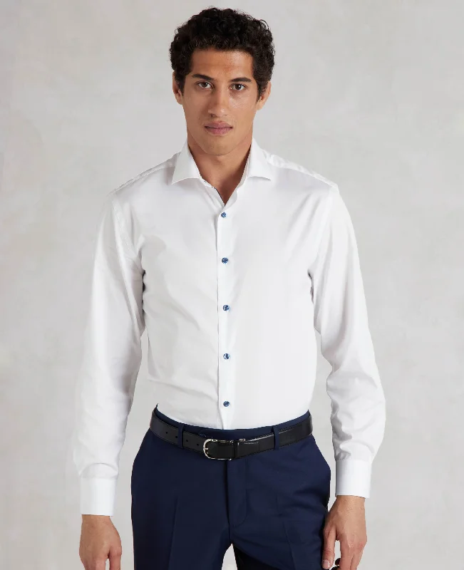 Men's Two - Tone Contrast Panel Casual Shirts in White and Navy for a Stylish and Eye - Catching DesignWhite Slim Fit Contrast Button Smart-Casual Shirt - Single Cuff Men's Two - Tone Contrast Panel Casual Shirts in White and Navy for a Stylish and Eye - Catching DesignWhite Slim Fit Contrast Button Smart-Casual Shirt - Single Cuff