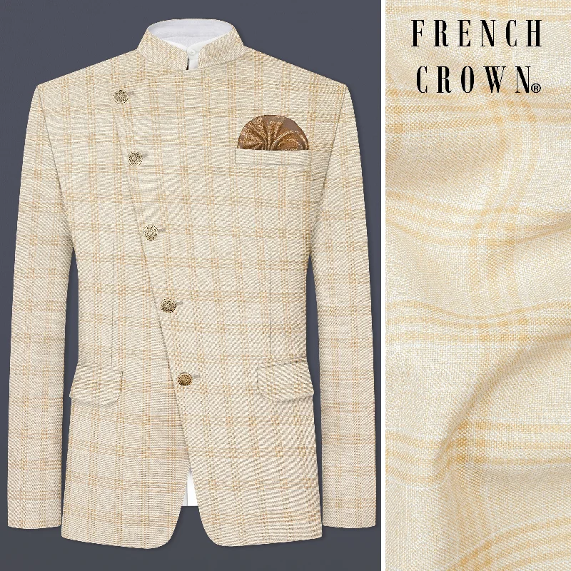 Men's Tweed Blazer in Brown with Leather Elbow Patches for a Classic and Academic StyleBizarre Cream Windowpane Cross Placket Bandhgala Blazer Men's Tweed Blazer in Brown with Leather Elbow Patches for a Classic and Academic StyleBizarre Cream Windowpane Cross Placket Bandhgala Blazer