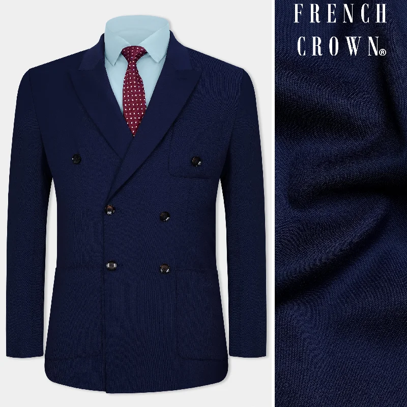 Men's Pin - Striped Wool - Blend Blazer in Navy and White for a Traditional Business AttireCinder Blue Wool Rich Double Breasted Sports Blazer Men's Pin - Striped Wool - Blend Blazer in Navy and White for a Traditional Business AttireCinder Blue Wool Rich Double Breasted Sports Blazer