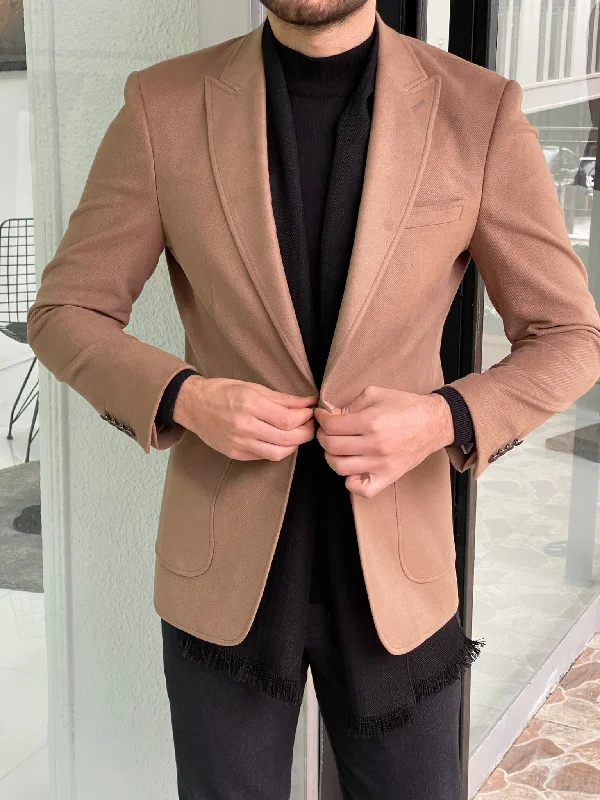 Plus Size Men's Herringbone Patterned Blazer in Grey for a Timeless and Sophisticated AppearanceDavis Beige Slim Fit Wool Blazer