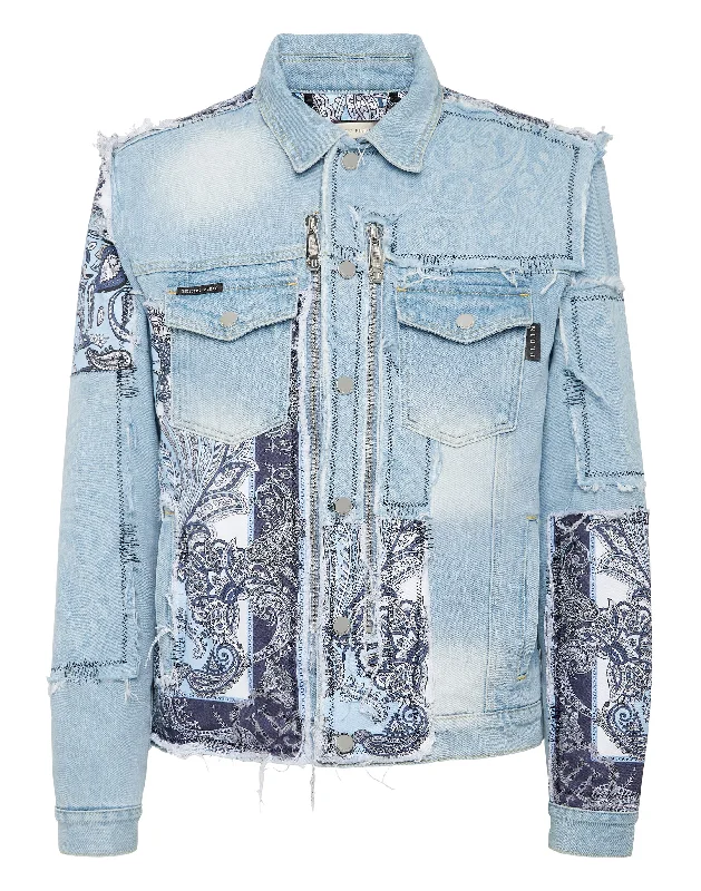 Plus - size men jackets with adjustable drawstrings for a comfortable fitDenim Jacket Paisley Bandana Patchwork Plus - size men jackets with adjustable drawstrings for a comfortable fitDenim Jacket Paisley Bandana Patchwork