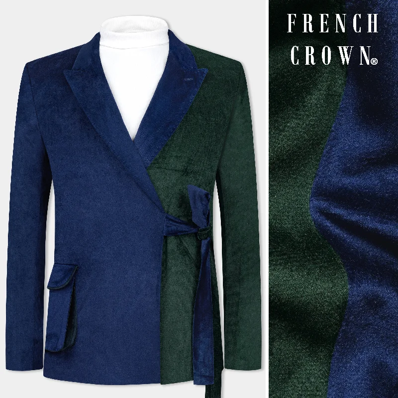 Men's Double - Breasted Velvet Blazer in Burgundy for a Sophisticated Evening OutfitDownriver Blue and Green Velvet Designer Blazer with Belt Closure